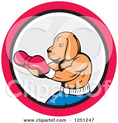 Clipart of a Cartoon Dog Boxging in a Gray and Pink Circle - Royalty Free Vector Illustration by patrimonio