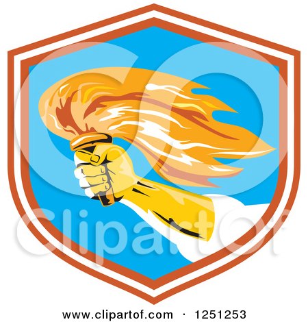 Clipart of a Hand Holding up a Flaming Torch in a Shield - Royalty Free Vector Illustration by patrimonio