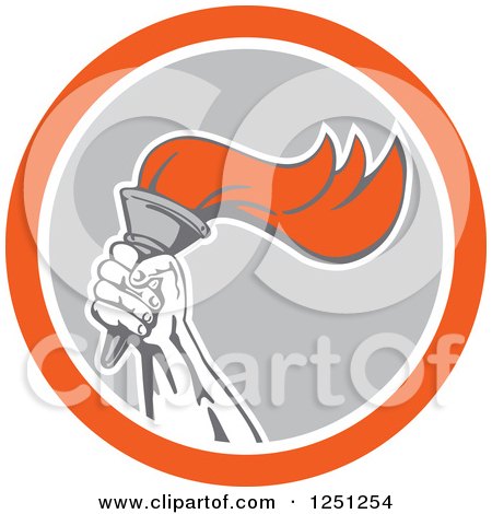 Clipart of a Hand Holding up a Flaming Torch in a Gray White and Orange Circle - Royalty Free Vector Illustration by patrimonio