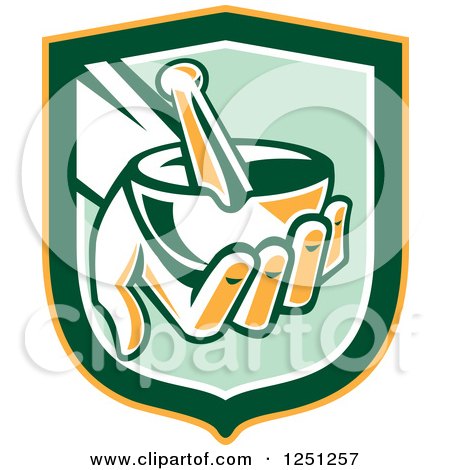 Clipart of a Retro Hand Holding a Mortar and Pestle in a Green and Yellow Shield - Royalty Free Vector Illustration by patrimonio