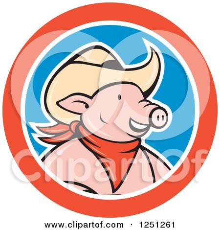 Clipart of a Happy Cartoon Cowboy Pig in a Red and Blue Circle - Royalty Free Vector Illustration by patrimonio