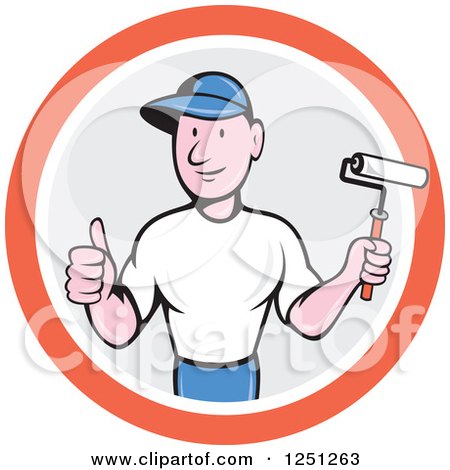 Clipart of a Cartoon Male House Painter Holding a Roller Brush and Thumb up in a Circle - Royalty Free Vector Illustration by patrimonio