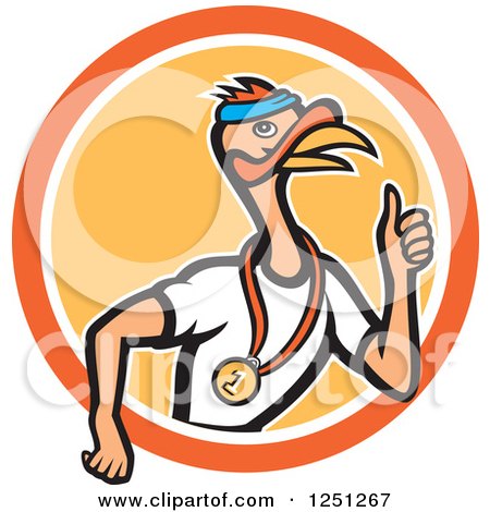 Clipart of a Cartoon Turkey Runner in a Yellow and Orange Circle - Royalty Free Vector Illustration by patrimonio
