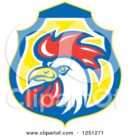 Clipart of a White and Red Rooster in a Blue and Yellow Shield - Royalty Free Vector Illustration by patrimonio
