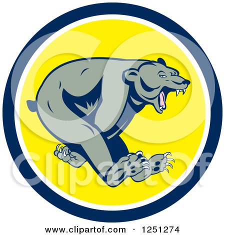 Clipart of a Running Grizzly Bear in a Blue and Yellow Circle - Royalty Free Vector Illustration by patrimonio