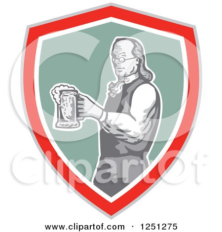 Clipart of Benjamin Franklin with Beer in a Shield - Royalty Free Vector Illustration by patrimonio