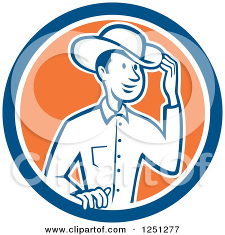 Clipart of a Cartoon Happy Cowboy Tipping His Hat in a Blue White and Orange Circle - Royalty Free Vector Illustration by patrimonio