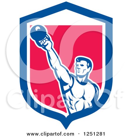 Clipart of a Retro Male Bodybuilder Working out with a Kettlebell in a Blue White and Pink Shield - Royalty Free Vector Illustration by patrimonio