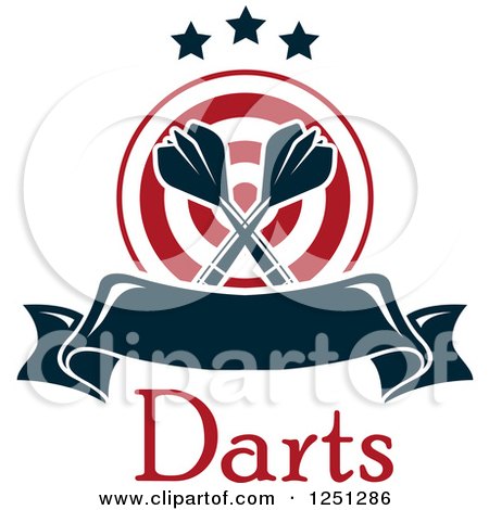 Clipart of a Target with Crossed Throwing Darts, Text and a Banner - Royalty Free Vector Illustration by Vector Tradition SM