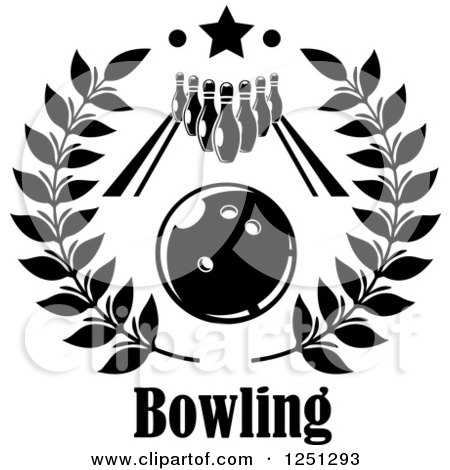Clipart of a Bowling Ball in a Wreath with an Alley and Pins and Text - Royalty Free Vector Illustration by Vector Tradition SM