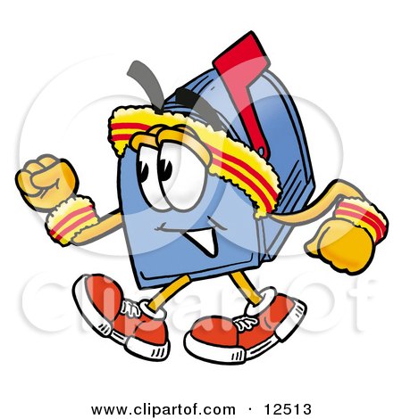Clipart Picture of a Blue Postal Mailbox Cartoon Character Speed Walking or Jogging by Mascot Junction