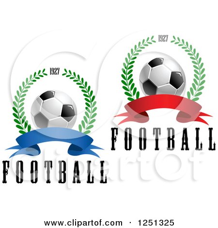 Clipart of 3d Soccer Balls with Banners Wreaths and Fooball Text - Royalty Free Vector Illustration by Vector Tradition SM