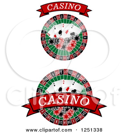 Clipart of Red Casino Banners with Roulette Wheels Poker Chips and Playing Cards - Royalty Free Vector Illustration by Vector Tradition SM