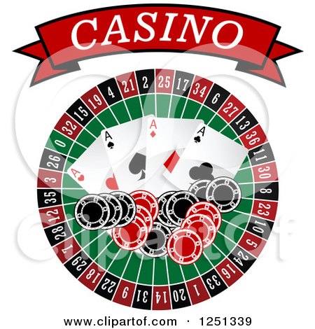 Clipart of a Red Casino Banner Above a Roulette Wheel Poker Chips and Playing Cards - Royalty Free Vector Illustration by Vector Tradition SM