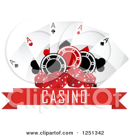 Clipart of a Red Casino Banner with Dice Poker Chips and Playing Cards - Royalty Free Vector Illustration by Vector Tradition SM