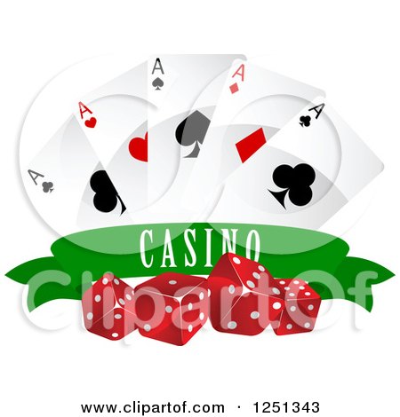 Clipart of a Green Casino Banner with Dice Poker Chips and Playing Cards - Royalty Free Vector Illustration by Vector Tradition SM