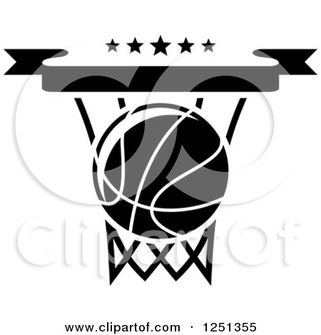 Clipart of a Black and White Basketball in a Hoop with Stars - Royalty Free Vector Illustration by Vector Tradition SM