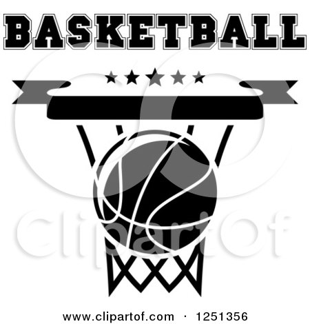 Clipart of a Black and White Basketball in a Hoop with Stars and Text - Royalty Free Vector Illustration by Vector Tradition SM