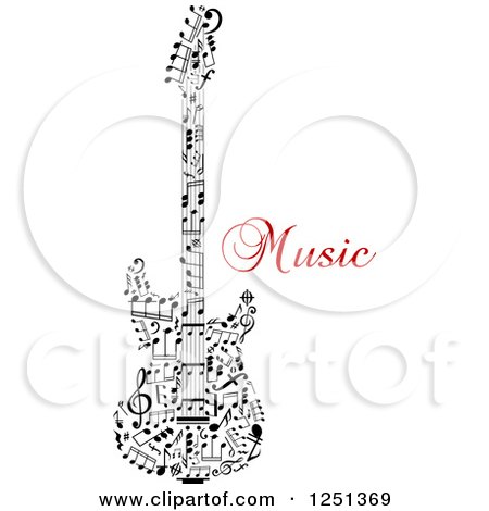 Clipart of a Guitar Made of Notes with Music Text - Royalty Free Vector Illustration by Vector Tradition SM