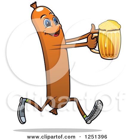 Clipart of a Sausage Character Running with Beer - Royalty Free Vector Illustration by Vector Tradition SM