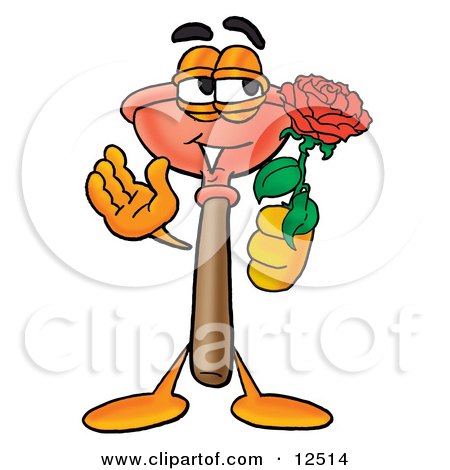 Clipart Picture of a Sink Plunger Mascot Cartoon Character Holding a Red Rose on Valentines Day by Mascot Junction