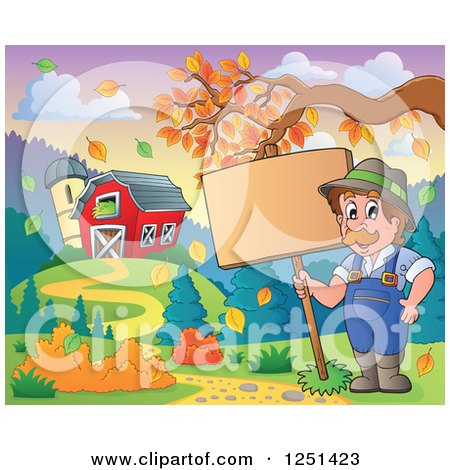 Clipart of a Male Farmer Holding a Sign by a Barn and Silo with an Autumn Tree Branch - Royalty Free Vector Illustration by visekart