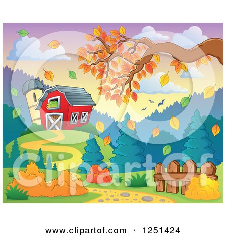 Clipart of a Red Barn and Silo with an Autumn Tree Branch - Royalty Free Vector Illustration by visekart