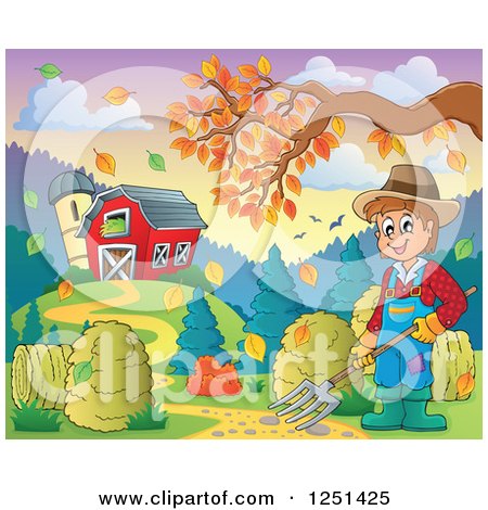 Clipart of a Male Farmer with a Pitchfork by a Barn and Silo with an Autumn Tree Branch - Royalty Free Vector Illustration by visekart