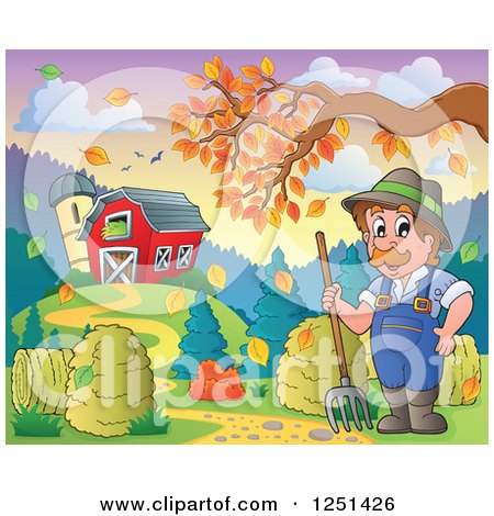Clipart of a Male Farmer with a Pitchfork and Hay by a Barn and Silo with an Autumn Tree Branch - Royalty Free Vector Illustration by visekart
