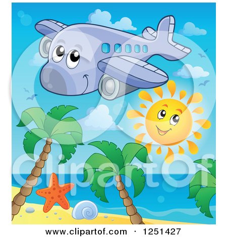 Clipart of a Happy Cute Airplane and Sun over a Beach - Royalty Free Vector Illustration by visekart