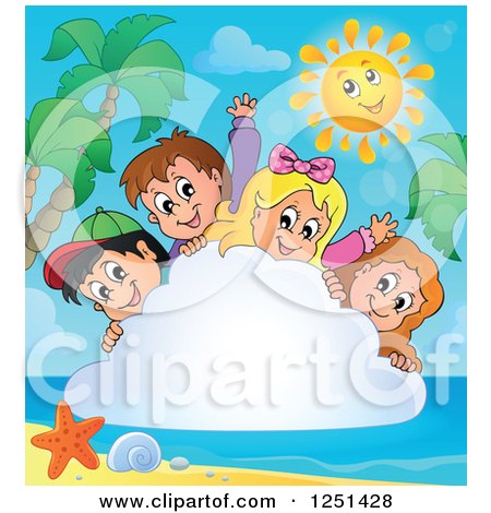 Clipart of Happy Children Peeking Around a Cloud with a Sun and Tropical Beach - Royalty Free Vector Illustration by visekart
