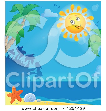 Clipart of a Happy Sun over a Tropical Beach - Royalty Free Vector Illustration by visekart