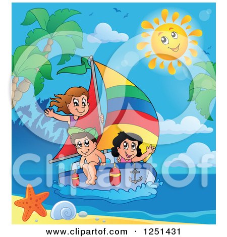 Clipart of a Happy Sun over Children Sailing by a Tropical Beach - Royalty Free Vector Illustration by visekart