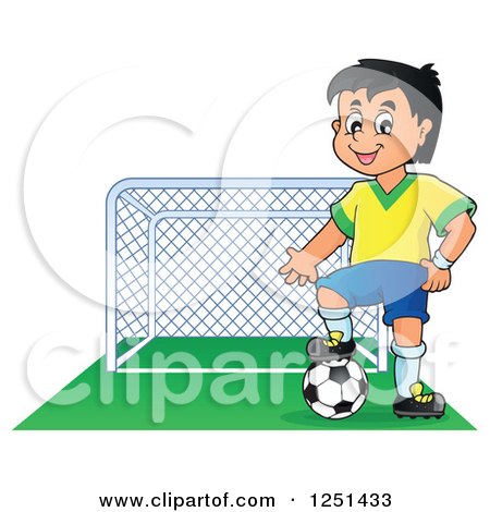 Clipart of a Presenting Soccer Player Boy by a Goal - Royalty Free Vector Illustration by visekart