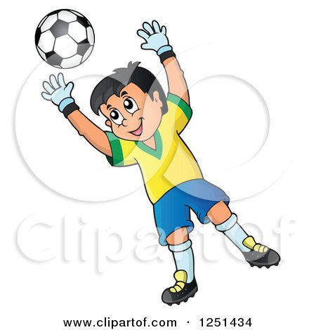 Clipart of a Soccer Goalie Boy Blocking a Ball - Royalty Free Vector Illustration by visekart