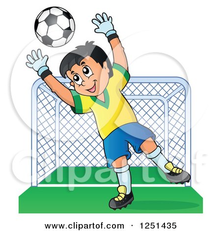 Clipart of a Soccer Goalie Boy Blocking a Ball in Front of a Goal - Royalty Free Vector Illustration by visekart