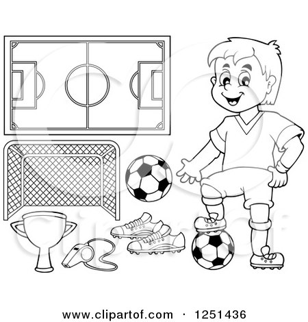Clipart of a Black and White Presenting Boy Soccer Player and Accessories - Royalty Free Vector Illustration by visekart
