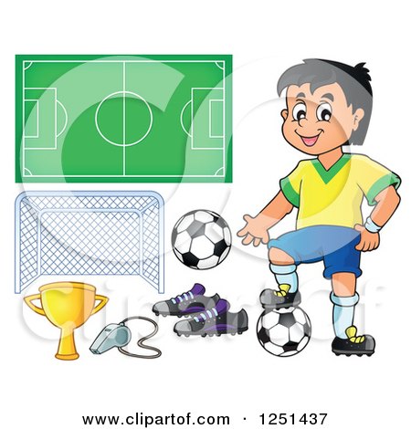 Clipart of a Presenting Boy Soccer Player and Accessories - Royalty Free Vector Illustration by visekart