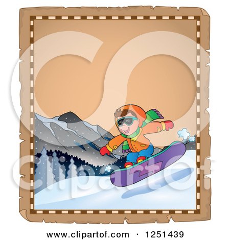 Clipart of an Aged Parchment Page with a Boy Snowboarding - Royalty Free Vector Illustration by visekart