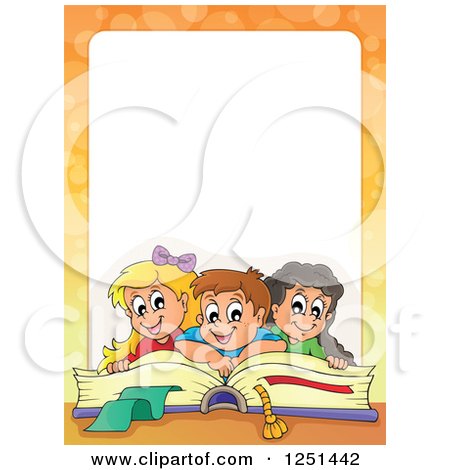 Clipart of a Border of Children Reading a Giant Book and Orange Flares - Royalty Free Vector Illustration by visekart