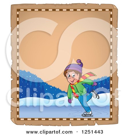 Clipart of an Aged Parchment Page with a Boy Ice Skating - Royalty Free Vector Illustration by visekart