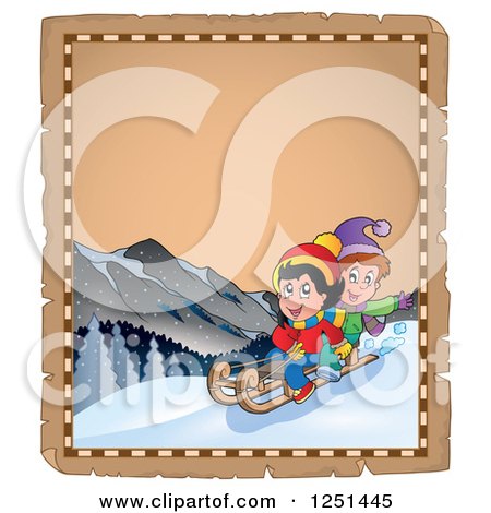 Clipart of an Aged Parchment Page with Children Sledding - Royalty Free Vector Illustration by visekart