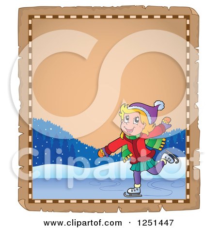 Clipart of an Aged Parchment Page with a Girl Ice Skating - Royalty Free Vector Illustration by visekart