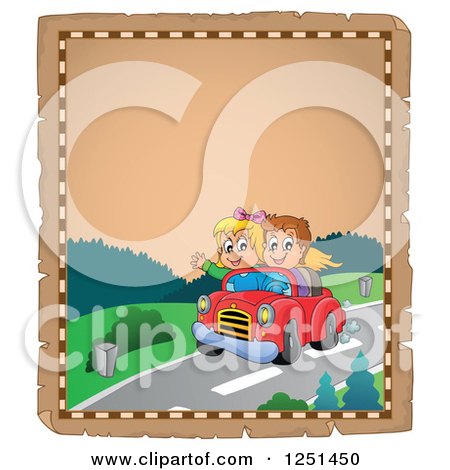 Clipart of an Aged Parchment Page with Children Driving a Convertible - Royalty Free Vector Illustration by visekart