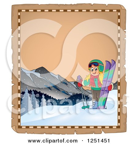 Clipart of an Aged Parchment Page with a Girl with Skis - Royalty Free Vector Illustration by visekart