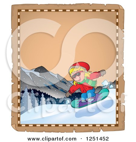 Clipart of an Aged Parchment Page with a Girl Snowboarding - Royalty Free Vector Illustration by visekart