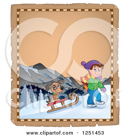 Clipart of an Aged Parchment Page with a Boy and Dog Sledding - Royalty Free Vector Illustration by visekart