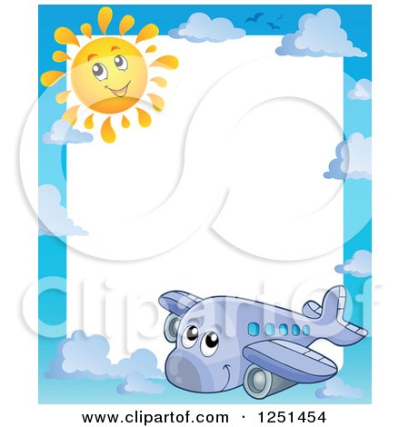 Clipart of a Border of a Happy Cute Airplane and Sun - Royalty Free Vector Illustration by visekart