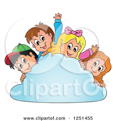 Clipart of Happy Children Peeking Around a Cloud - Royalty Free Vector Illustration by visekart