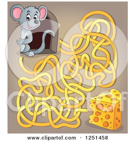 Clipart of a Mouse Peeking out of a Hole over Cheese and Maze - Royalty Free Vector Illustration by visekart